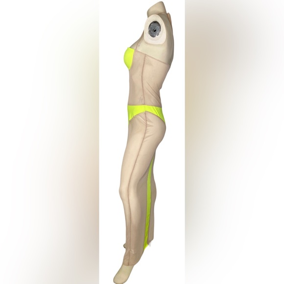 C.BRIDGETT Sexy Neon Yellow & Nude Sheer Mesh Color Block Halter Dress Cover Up - Picture 8 of 14